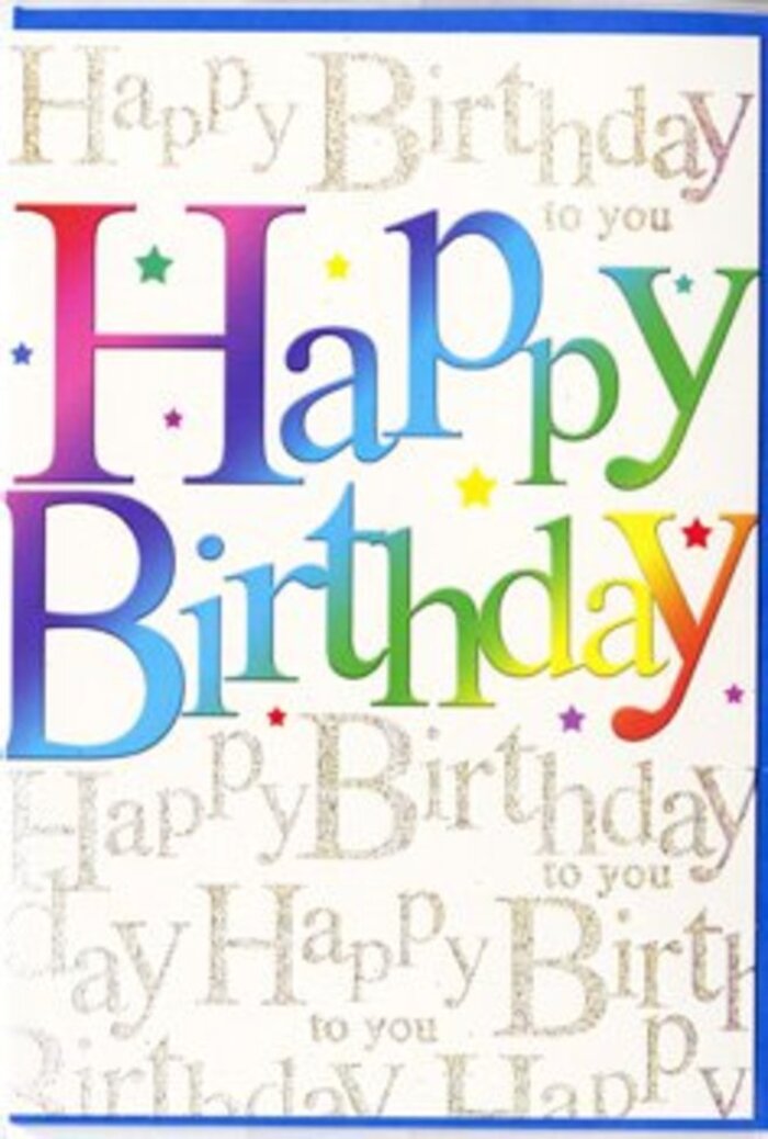 The front of this birthday card radiates joyful colour in the same way a fresh, mixed bouquet brightens a living room near Ridgeway Park, every element intentionally arranged to suggest a full-hearted celebration. Dominating the design, the phrase Happy Birthday is set in large, rounded letters that sweep across the card like a festive banner. Each letter carries its own band of colour, melting seamlessly from one shade to the next: deep berry reds slide into rosy pinks, which gradually become vivid turquoise and cobalt, then soften into zesty greens and mellow, honeyed yellows. The effect is like looking at a row of carefully colour-graded blooms in Chingford Flowers' window, each petal gently touching the next. The letters seem softly three-dimensional, as if painted in layers, their edges slightly darker, giving the impression of texture and depth you could almost trace with your fingertip. Filling the background from edge to edge is a veil of fine golden script, endlessly repeating the words Happy Birthday to you in a flowing, cursive style reminiscent of a personal handwritten note. The ink has a metallic, almost glitter-dusted sheen, catching imagined light and suggesting the sparkle of party decorations strung across a family dining room. Between the loops of script, faint starbursts and flecks of colour echo the feeling of confetti drifts and candlelight. The card's palette and layout balance exuberance with elegance, making it perfect for both adult milestones and children's birthdays. Paired with a fresh, colourful arrangement delivered across Chingford, it becomes not just a greeting but part of the overall celebration, conveying warmth, thoughtfulness, and a strong sense of occasion.