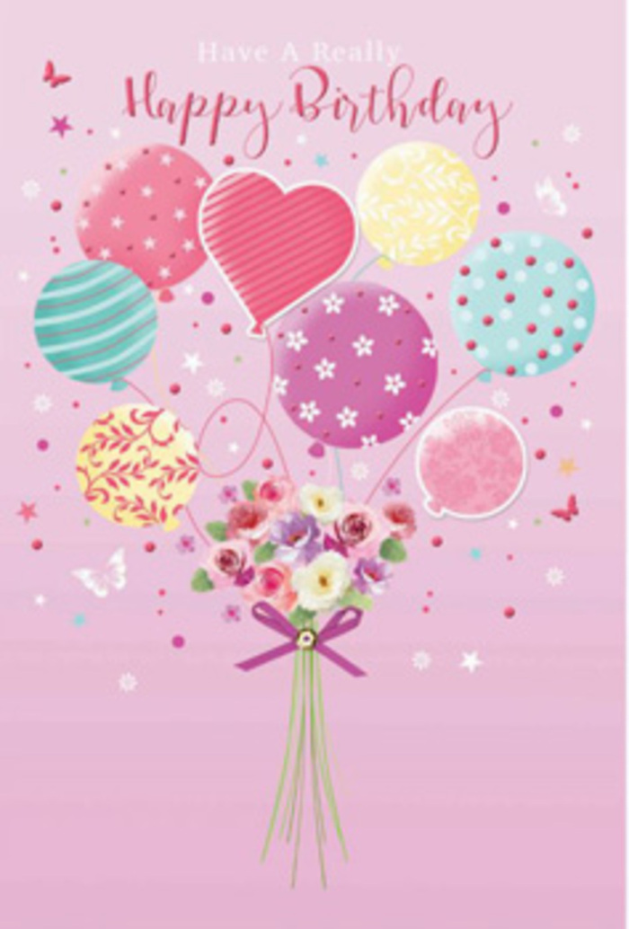 This birthday image feels like a gentle party in the sky above Chingford, painted in soft, uplifting colours. The canvas is a muted rose-pink, setting a calm yet cheerful stage for a cluster of pastel balloons that appear to lift a small garden of flowers upwards in celebration. Each balloon has its own charming character: some are brushed with pale sunshine yellow, others with rosy fuchsia, lilac, and sea-green, while patterns of swirls, stripes, and playful polka dots add a sense of motion and fun. In the centre, a heart-shaped balloon radiates affection, anchoring the eye and giving the design a warm, personal touch. From this floating cluster descends a tied bouquet, composed of petite roses and sweet, daisy-like blooms whose petals blend from creamy ivory to soft pink and mauve, as if touched by early morning light drifting over Epping Forest. The flowers seem freshly picked, their velvety textures almost tangible, and their imagined fragrance is gentle and comforting. A purple satin bow gathers the stems at the base, its sheen reflecting the same light that shimmers softly across the balloons. Scattered around are delicate stars and butterflies, suggesting a dreamy breeze that might curve around the local shops on Station Road. The arrangement of balloons and flowers together creates a sense of tender jubilation, as though a thoughtful Chingford florist has transformed a simple birthday greeting into a keepsake moment-perfect for making someone feel truly cherished on their special day.