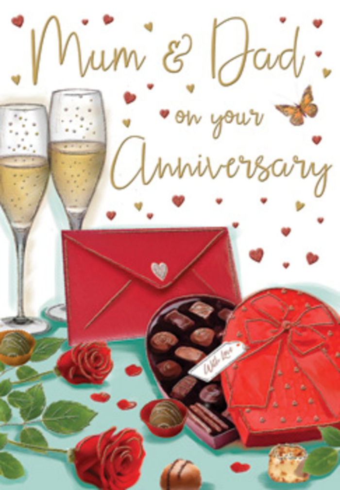 Detailed anniversary card illustration capturing a luxurious yet homely celebration for Mum & Dad, reminiscent of a cosy gathering in a Chingford dining room. The composition is built around two elegant champagne flutes that stand shoulder to shoulder on a softly textured surface, their slender stems reflecting warm, golden light. Each glass is filled with pale gold bubbly, the effervescent stream of tiny bubbles creating a sense of movement and life, as though the toast is just about to begin. In front of them, an open heart-shaped chocolate box forms a rich focal point, its deep red exterior and matching satin bow rendered with a gentle sheen that suggests smooth, touchable ribbon. Inside the box, individual chocolates nestle in dark and milk brown tones, carefully arranged like little treasures waiting to be shared. Off to one side, two plush red roses lie with their heads slightly angled toward each other, petals unfolding in intricate layers of crimson, highlighted by lush green leaves that convey the freshness of a handpicked bouquet. A few loose chocolate pieces rest nearby, adding a relaxed, lived-in feeling to the scene. Scattered across the background are small hearts in gold and red, along with delicate sparkles that make the design feel almost candlelit. The affectionate words Mum & Dad curve gently through the air in a hand-drawn script, giving voice to the sentiment behind the card. A bright scarlet envelope, set just to the side, signals a private message tucked within. Altogether, the image radiates warmth, gratitude, and the comforting sense of a long marriage celebrated quietly at home somewhere off Chingford Mount Road.