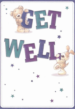 There's an immediate sense of comfort and gentle cheerfulness woven through the artwork of this get well card, akin to the feeling of receiving uplifting flowers in Chingford. The scene features a cuddly teddy bear gripping the crest of the bold word 'GET,' with a lively puppy nuzzling the robust letters of 'WELL' below. Their expressive, rounded features-and the evident playfulness in their eyes-perfectly capture the kind of warm reassurance we strive to deliver alongside our bouquets along Hatch Lane and near Epping Forest. Accents of deep purples and teals breathe new life into the thick, animated lettering, while scattered stars, delicately painted in smoky blue and gentle lilac, shimmer across a clear white background, evoking open skies over Connaught Water. The careful layering of fur, the puppy's floppy ears, and the bear's honied fluff all echo the tactile bloom of fresh petals and foliage, lovingly arranged. This illustration, just like a thoughtfully chosen get well bouquet, is crafted to bring light, clarity, and hope to anyone in need of a little encouragement-a small yet heartfelt gesture made to brighten even the hardest days in and around Chingford.