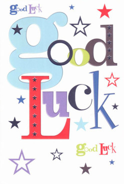 This vibrant good luck card, a favourite choice at Chingford Flowers, seems to radiate joyful possibility, echoing the lively spirit found along Chingford Mount or on a stroll toward Ridgeway Park. The deliberately playful arrangement of fonts leaps off a pristine white backdrop, each oversized letter painted in a medley of uplifting colours-an inviting baby blue, exuberant crimson, earthy moss green, and regal violet. With every glance, you notice new details: stars both bold and barely-there, scattered like sparks of encouragement in navy, lavender, and lemon-lime, creating a celestial landscape that feels full of promise. The surface itself is smooth and firm to the touch, hinting at the quality Chingford Flowers is known for, while also evoking the tactile delight of untying florist's ribbon before reading a personal message. The overall composition carries a modern grace, using negative space to let every vibrant hue breathe, as if each wish has room to grow. Ideal for milestones-be it school leaver on King's Head Hill or a friend embarking on a career move-this card delivers more than a phrase; it conveys a palpable weight of support and anticipation, just like the thoughtful arrangements crafted by your local Chingford florist.