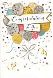 This congratulations card radiates gentle festivity, like a quiet but heartfelt celebration unfolding in a Chingford living room after good news. Dominating the scene is a bouquet-like cluster of balloons floating upward from the lower centre, their strings gathering in a loose, curling knot of gold and silver lines that resemble fine party ribbons. The balloons themselves are varied yet harmonious: soft gold and champagne tones shimmer beside brushed silver, with cooler sky blue, muted blush pink, and pale grey adding calm balance. Each balloon is detailed with its own refined pattern-tiny twinkling stars, delicate stripes, and shimmering confetti speckles that give the impression of subtle glitter or metallic foil catching the light, much like decorations set up near Chingford Plains on a bright afternoon. A graceful banner runs through the central portion of the design, bearing the phrase Congratulations To You in flowing, elegant calligraphy, the lettering slightly bold yet still refined, suggesting care and sincerity. Around this focal cluster, tiny metallic stars and swirling ribbon motifs dance against a soft, almost creamy background, hinting at movement and cheerful energy without cluttering the space. The composition feels balanced and airy, like a bouquet of helium balloons arranged alongside fresh flowers on a sideboard, waiting to surprise someone special. This card's mood is one of dignified joy-ideal for marking exams, new jobs, promotions, or personal milestones-and would pair beautifully with a seasonal floral arrangement delivered locally across Chingford and nearby neighbourhoods when you want your congratulations to feel truly memorable.