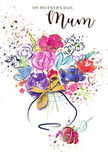 On this Mother's Day card, a vibrant, watercolour bouquet springs from a softly drawn vase, its colours echoing the lively mix you might see in a Chingford florist's window in early spring. Broad strokes of deep cerise and fuchsia bloom into generous flowers, their outlines traced in rich indigo that lends structure without rigidity. These bold blossoms are surrounded by calmer notes of powder blue, dusky lavender, and tender peach, each shade bleeding gently into the next in that fluid way only watercolour allows. Fine filigrees of gold flicker along petal curves and leaf edges, creating a gentle shimmer that suggests sunlight catching fresh petals on a bright morning walk through Ridgeway Park. Around the main bouquet, little splatters of paint and scattered hearts add an air of celebration, like petals tossed playfully into the air. The vase curves gracefully beneath, finished with a neat gold bow that calls to mind the satisfying tug of ribbon a florist gives when tying a bouquet for collection. The bright white background keeps the composition light and open, allowing every colour and stroke to stand out clearly. This card feels like a captured moment of appreciation: the excitement of placing an order, the anticipation of a knock at the door, and the quiet, emotional pause when a mum in Chingford reads a loving message. It is a painted bouquet that holds the same tenderness and gratitude as a fresh bunch of flowers, designed to be treasured long after Mother's Day has passed.