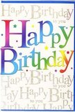 This joyful birthday card design feels as though it's captured the spirit of a lively get-together in a Chingford garden, with its main Happy Birthday message stretching wide across the front in big, confident letters that almost dance across the page. Each letter is drenched in a smooth ribbon of colour, shifting gradually from deep cherry red through plum, cerise, and sapphire, then into bright emerald and finally a sunny, almost lemony yellow. The colours blend softly at their edges, giving a gentle airbrushed effect rather than harsh lines, like the way tones meld together in a carefully arranged birthday bouquet. The lettering appears subtly raised and gently shaded, so it feels as if you could reach out and feel the contours as you would the curve of a fresh rose petal. Beneath and behind these bold shapes, the entire background is swathed in delicate, looping golden script, repeating Happy Birthday to you over and over with the rhythm of the familiar song. The gold has a light-catching, glitter-kissed finish, reminiscent of the way low evening light glints off glass vases in a local florist's display near Chingford Mount. Tiny dots, faint stars, and occasional bursts of soft colour float between the lines of script, evoking confetti, fairy lights, or the sparkle from birthday candles caught just before they're blown out. The overall impression is one of joyful sophistication: richly coloured yet not overwhelming, festive yet still elegant. This is the sort of card you'd place proudly next to a bouquet of fresh, locally delivered flowers, together creating a warm, memorable focal point for the day's celebrations.