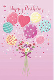 In this enchanting birthday artwork, a pastel celebration rises from the base of the image like a little cloud of happiness floating above Chingford Mount. The background is a gentle, powder-pink wash that allows the main design to glow. At the heart of the scene, a cluster of balloons lifts upward, each one a different soft shade-blush pink, creamy yellow, teal, and lavender-with patterns that look hand-drawn: candy stripes spiralling around their curves, cheerful polka dots, delicate florals, and curling swirls. A central heart-shaped balloon adds a tender, loving note. All the balloon strings gather into a hand-tied bouquet of real-looking flowers at the bottom: delicate roses and anemone-like blossoms in ivory, blush, and muted mauve. Their petals appear layered and feathery, hinting at the cool, fresh feel of newly cut stems ready for birthday delivery across Chingford. A violet satin bow secures the bouquet, its neatly tied loops and trailing ends adding polish and charm. Soft, imaginary light spills over the scene, catching on the balloons' glossy surfaces and the subtle highlights on each petal, while tiny star shapes and butterflies drift around like birthday confetti. The overall mood is airy, sweet, and quietly festive, like a calm birthday morning before the guests arrive. It captures the spirit of a thoughtful, pastel-toned celebration-perfect for someone who loves flowers, gentle colours, and a card that feels as special as a hand-delivered bouquet from a trusted local florist.
