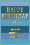An elegant blue and gold birthday card stands as the focal point, its design quietly luxurious yet soothing, much like a peaceful stroll through Chingford on a clear morning. The background is formed from broad, horizontal bands of blue that subtly shift in tone-from deep navy at the top, through softer denim and teal, down to a light, airy blue near the base. This graded palette creates a harmonious ombre effect, as if layers of sky have been gently stacked one upon another. Centered amid these tranquil stripes, the words HAPPY BIRTHDAY are presented in bold, embossed gold capital letters, their metallic sheen shimmering softly as if touched by natural daylight filtering through a nearby window. The lettering is raised enough that you can almost imagine running your fingers along the smooth, cool surface. Just below the main greeting, a graceful golden flourish curves in balanced loops, lending a classic, almost vintage charm reminiscent of traditional signage on Chingford's older shopfronts. Underneath this flourish, three horizontal gold banners sit in a tidy stack, each ribbon carrying a portion of the warm message: Relax, have a great day and enjoy! The banners mirror the same rich metallic finish, their edges crisp and clean against the blue background. A narrow gold line runs around the edge of the card, framing the scene and giving everything a sense of completion and care. The overall impression is one of quiet celebration-perfect to sit beside a fresh arrangement delivered locally, inviting the recipient to slow down, feel cherished, and truly enjoy their birthday.