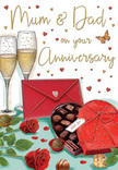 Warm, romantic anniversary card artwork that portrays a tender celebration for parents, as if captured during a peaceful evening in Chingford after a stroll through Ridgeway Park. The focus is on two slim champagne flutes standing close together like companions, each brimming with golden sparkling wine whose fine bubbles rise gently, echoing the excitement of an upcoming toast. Just ahead of them rests an open heart-shaped box of chocolates, its rich red casing tied with an opulent satin bow that loops elegantly over the lid. Inside, individual chocolates sit snugly in their compartments, illustrated in velvety shades of dark and milk brown that almost suggest a soft cocoa aroma. Nestled beside this indulgent centrepiece are two red roses, their petals deeply saturated and luxuriously soft in appearance, fanning out in layered spirals that speak of romance and enduring affection. Fresh, glossy green leaves peek from beneath the blooms, recalling the kind of carefully chosen stems you might see arranged by a local florist for a special anniversary delivery. A few loose chocolates and tiny heart motifs, painted in warm gold and crimson, are sprinkled across the scene, adding movement and playful detail. The phrase Mum & Dad appears in a lovingly hand-lettered script, anchoring the card as a tribute to a long-standing partnership. A bright scarlet envelope rests nearby at a gentle angle, hinting at a heartfelt note tucked inside. Bathed in soft, golden light, the entire composition suggests love that has grown richer over the years, quietly celebrated at home in the heart of Chingford.